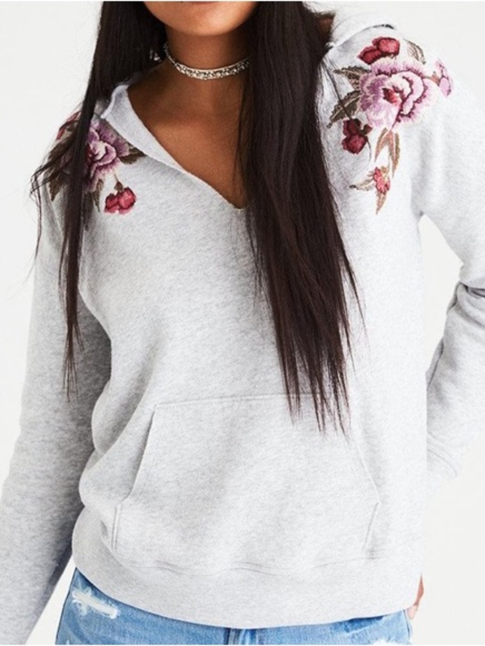 American Eagle Outfitters Gray V-Neck Hoodie with Pink Floral Embroidery